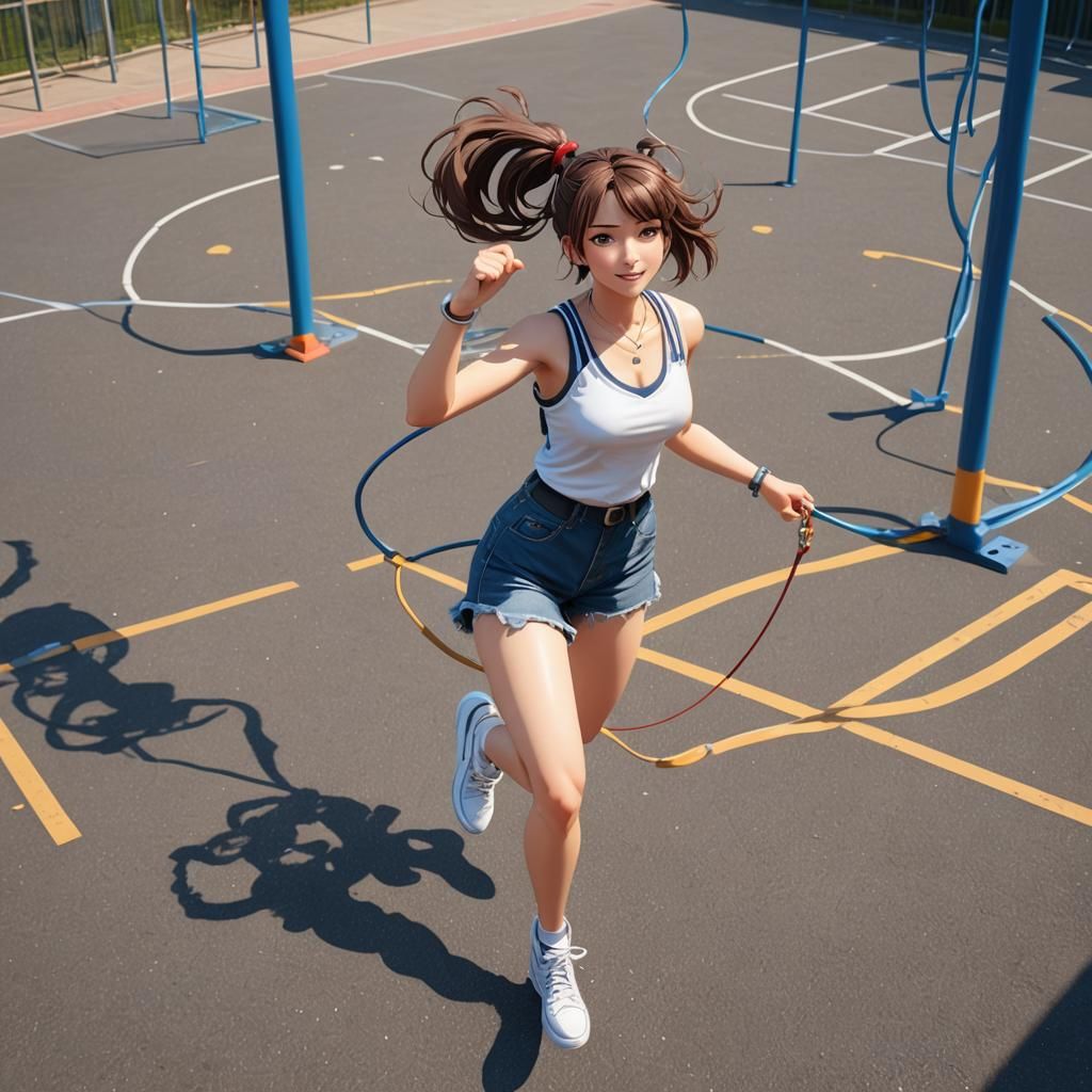 Italian Woman Playing Jump Rope: 3D Anime Art