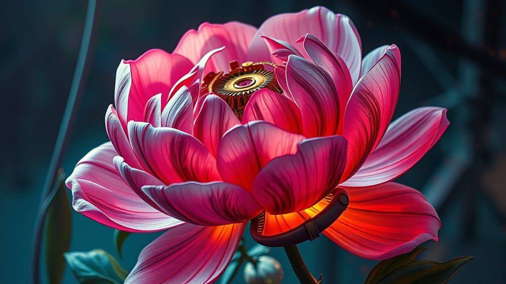 Breathing Mechanical Peony in Steampunk Art Style
