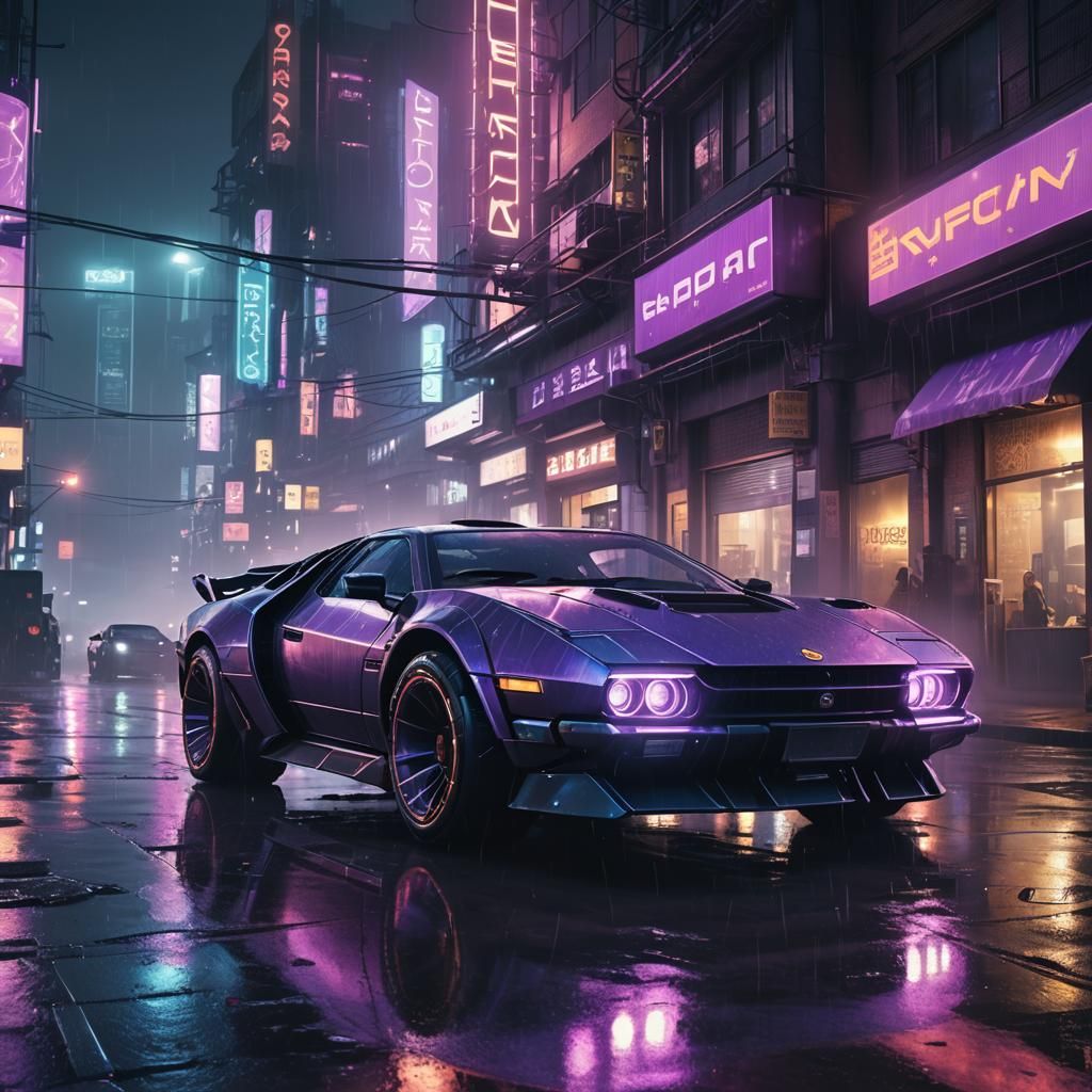 Futuristic Cyberpunk Car on Rainy City Street