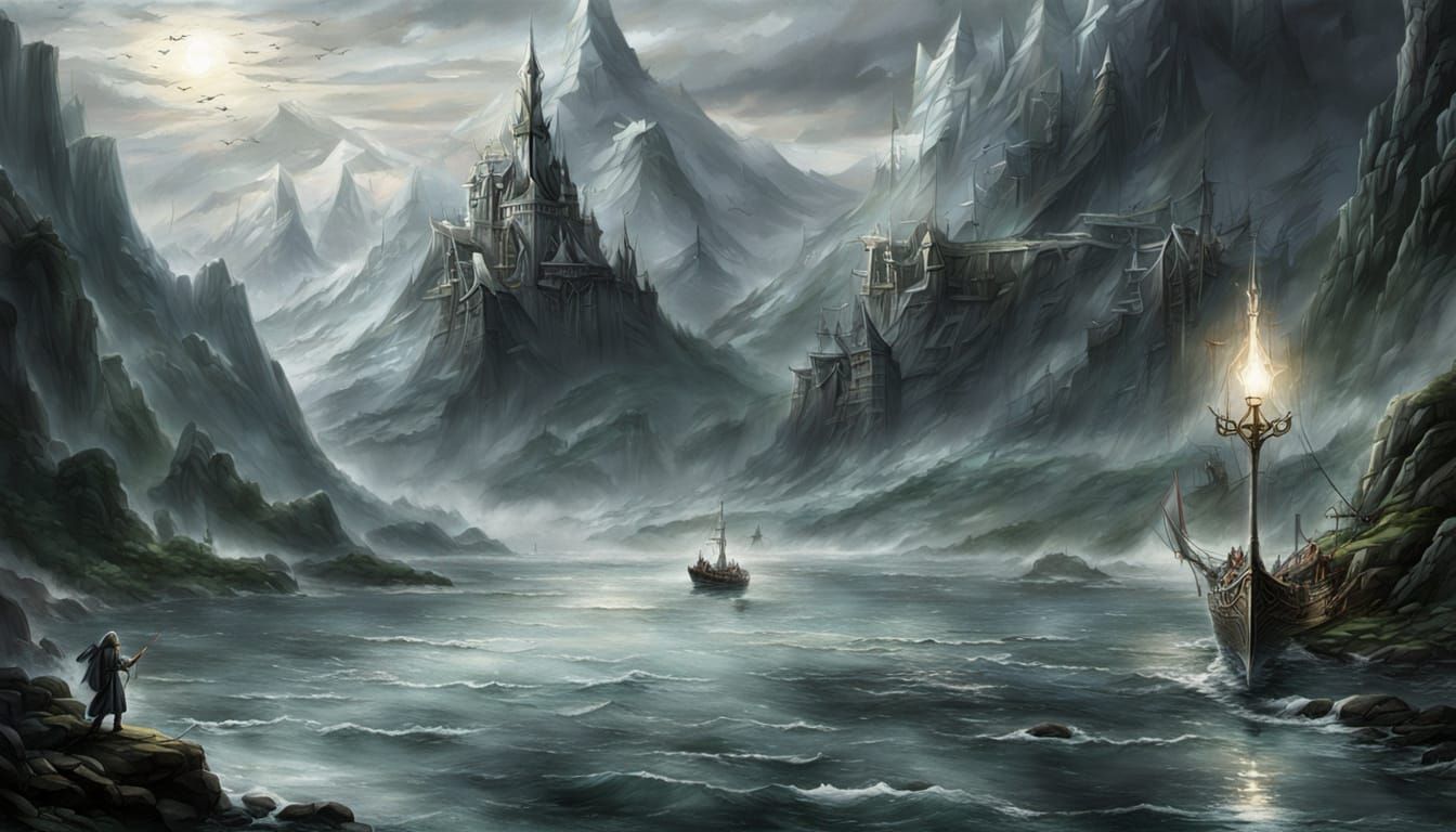 Elvish Grey Ships Sail Into Silver Glass Sunset