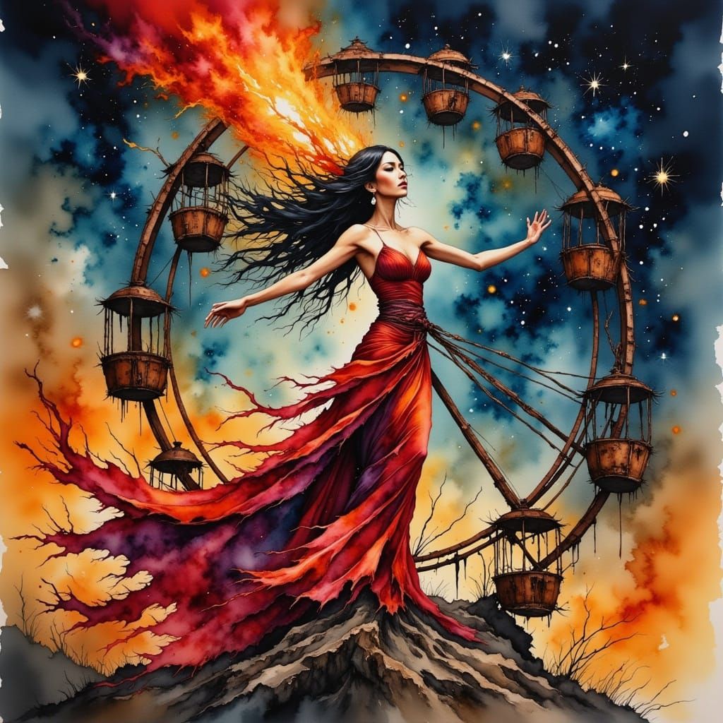 Fiery Goddess Dominates a Burning Ferris Wheel