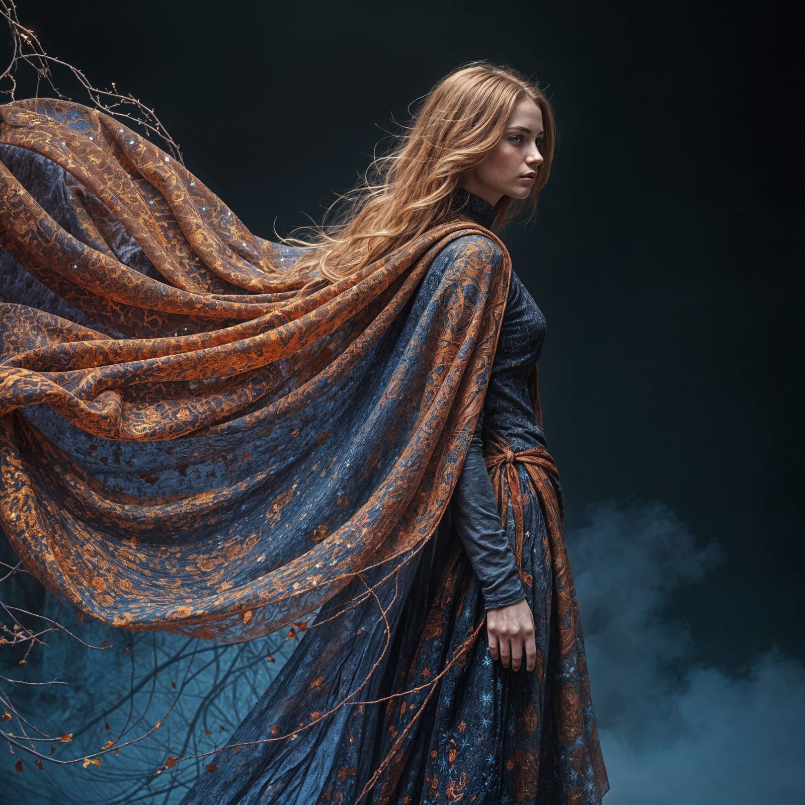 Fantasy Maiden in Cloak of Fire and Starlight