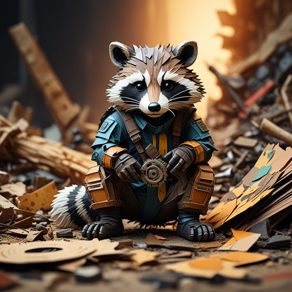 Steampunk Raccoon: Paper Collage Post-Apocalyptic Scavenger