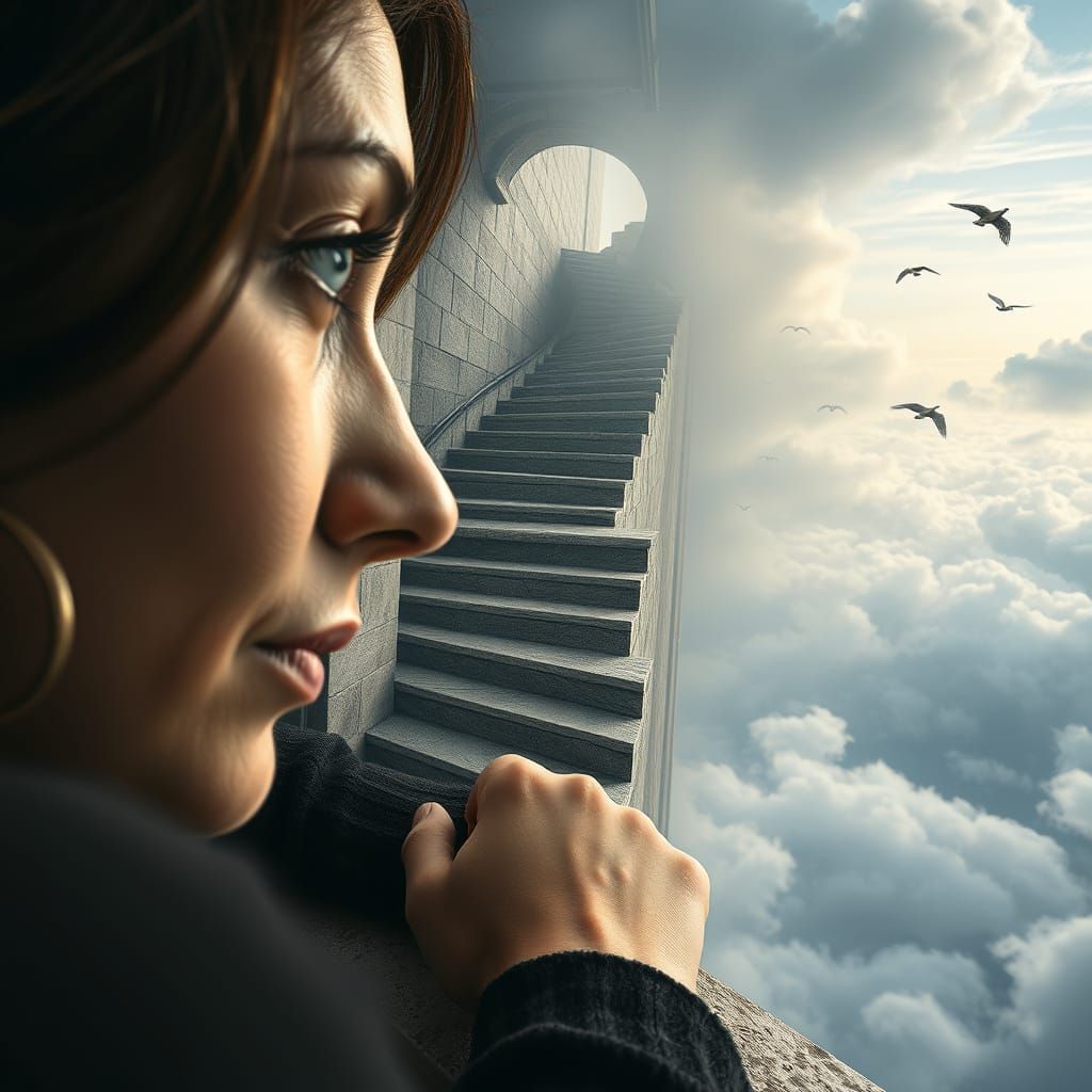 Contemplative Woman Gazing Up Staircase to Mystical Sky