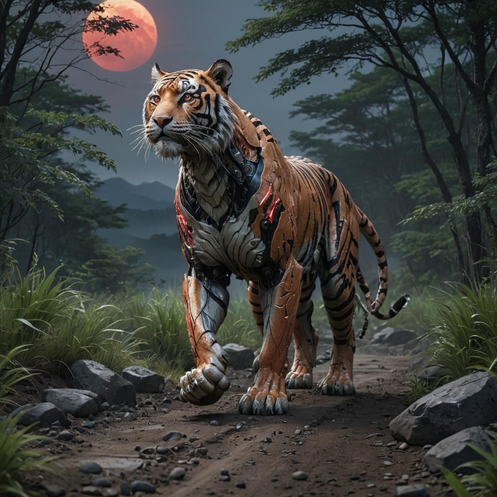 Mech Tiger Walks Forest Path Under Red Moon