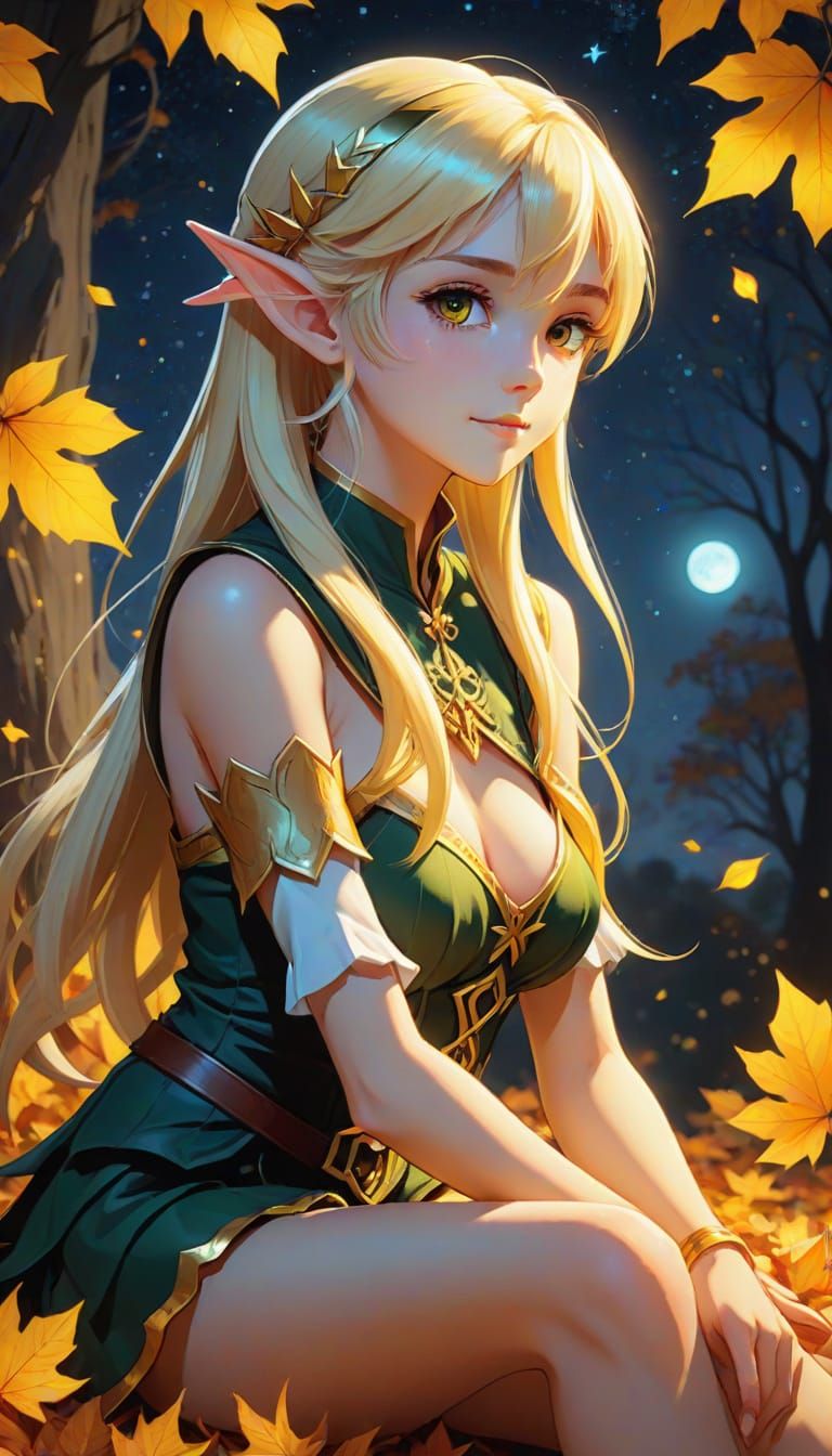 Anime Elf in Autumn Night, Cel-Shaded Style