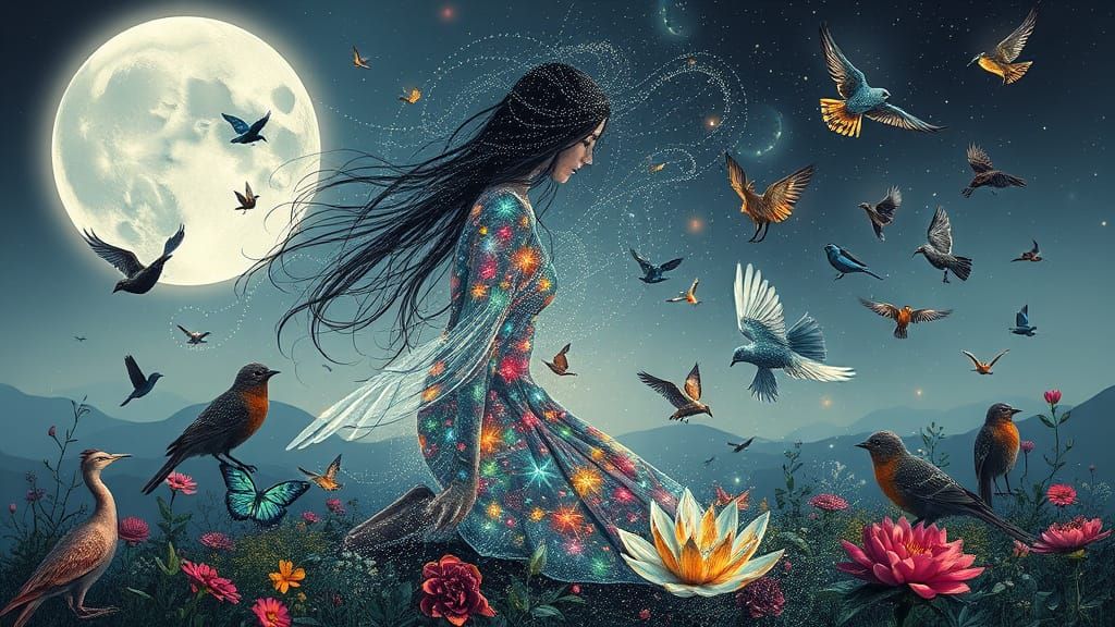 Ethereal Woman with Mythical Creatures in Fantasy Landscape