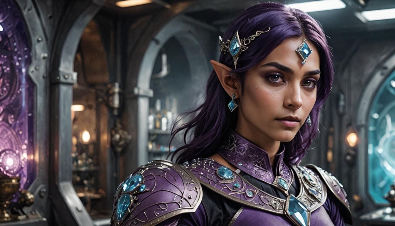 Elven Priestess in Sci-Fi Lab, Digital Art