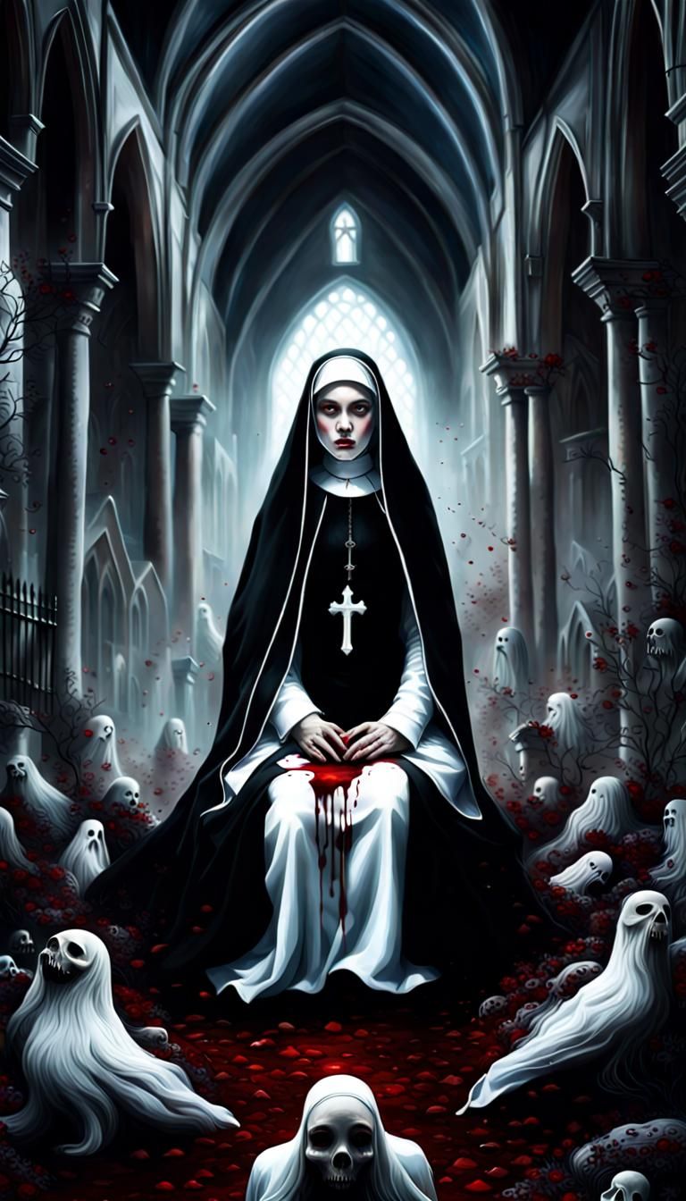 A beautiful sweet nun with blood covering her nun in black uniform
