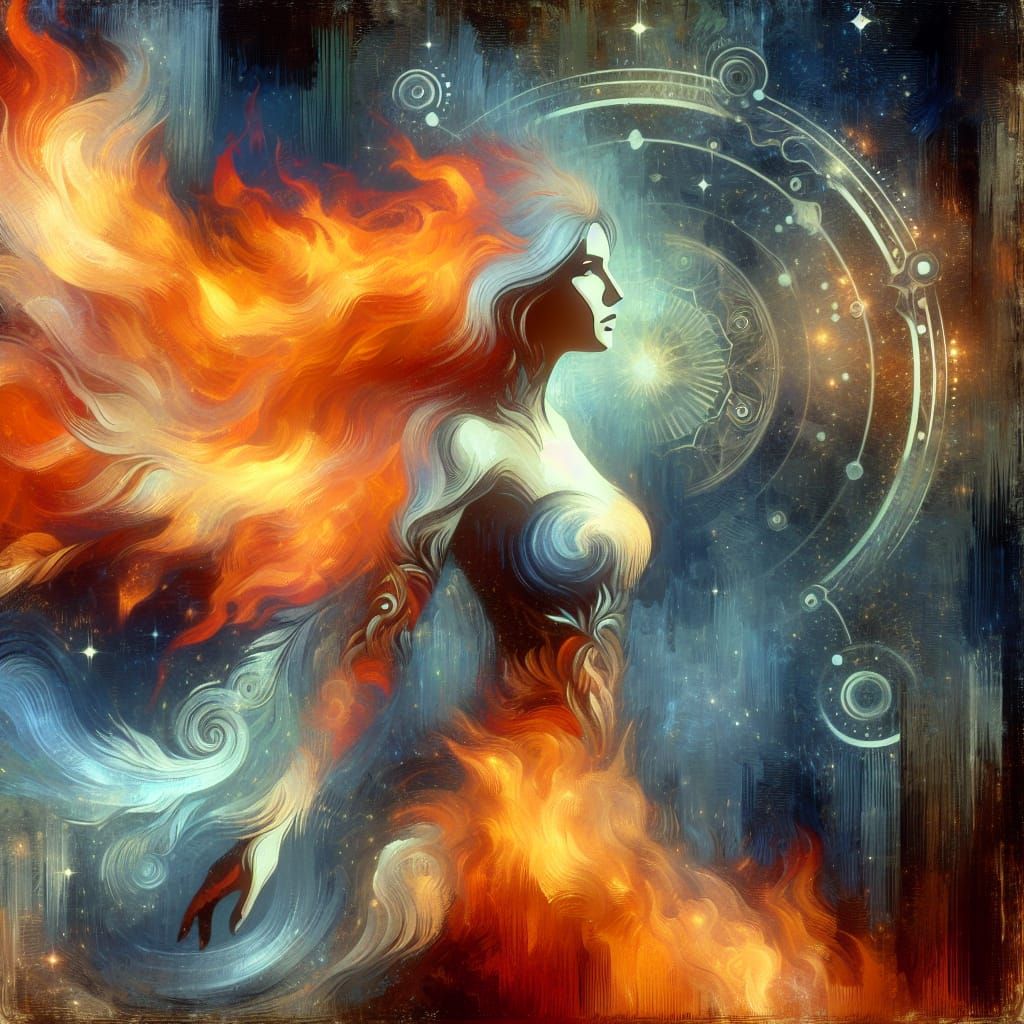 Cosmic Phoenix Woman Ascends in Vibrant Astral Art