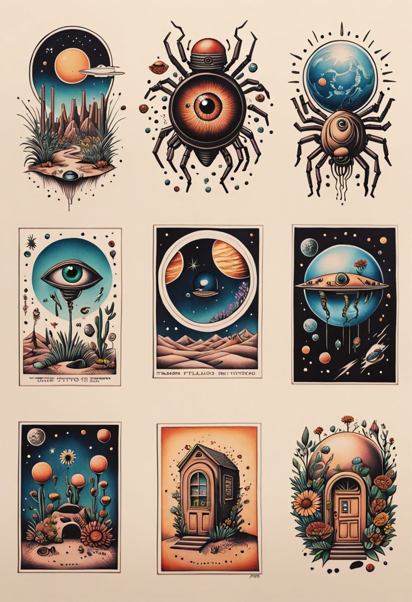 Surreal Flash Tattoo Designs on Knolling Sheet