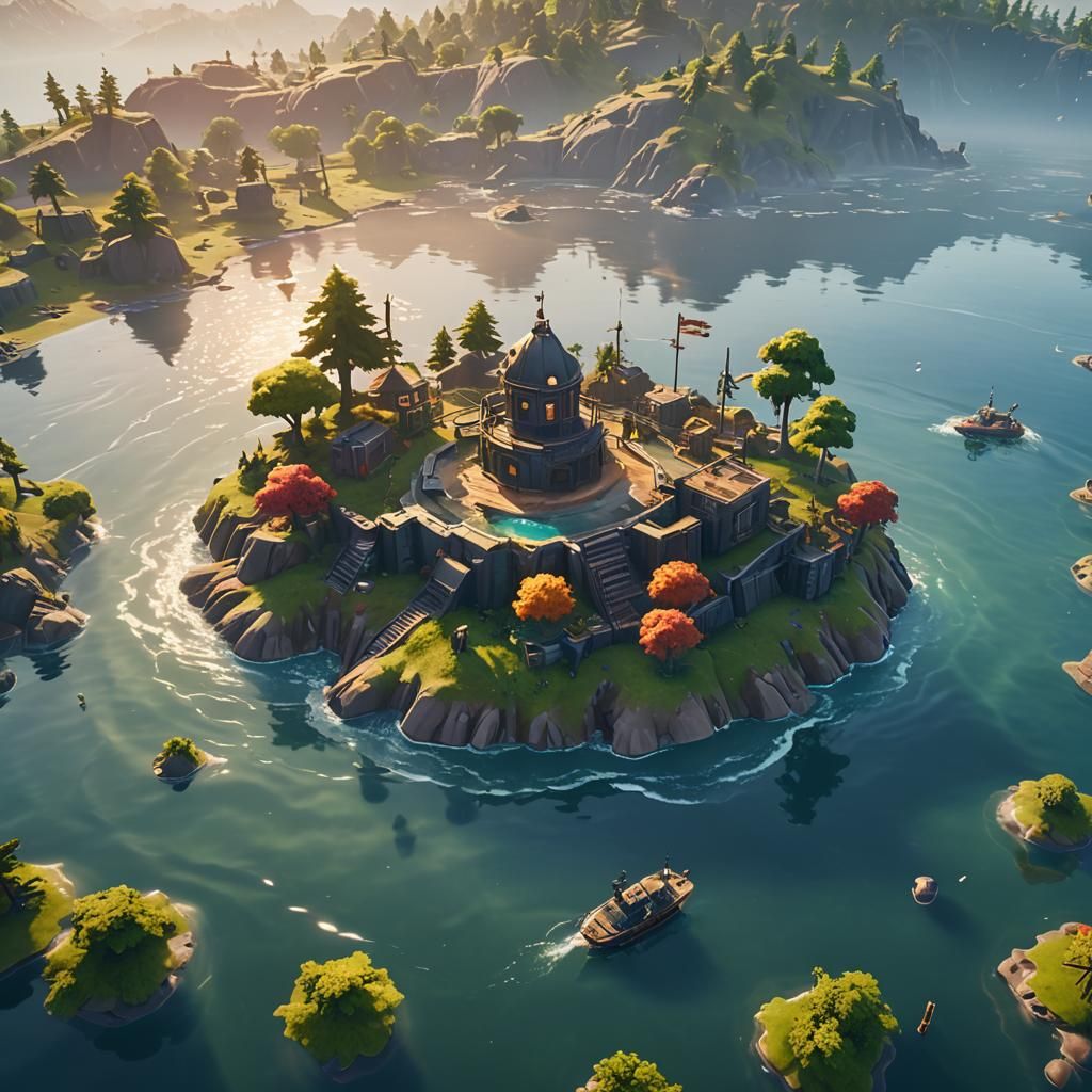 Fortnite Island Floats Calmly in Water: 3D Digital Art