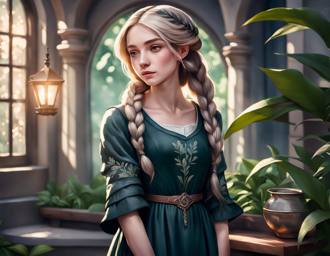 Woman in a Serene Garden, Soft Natural Light, Johannes Verme...