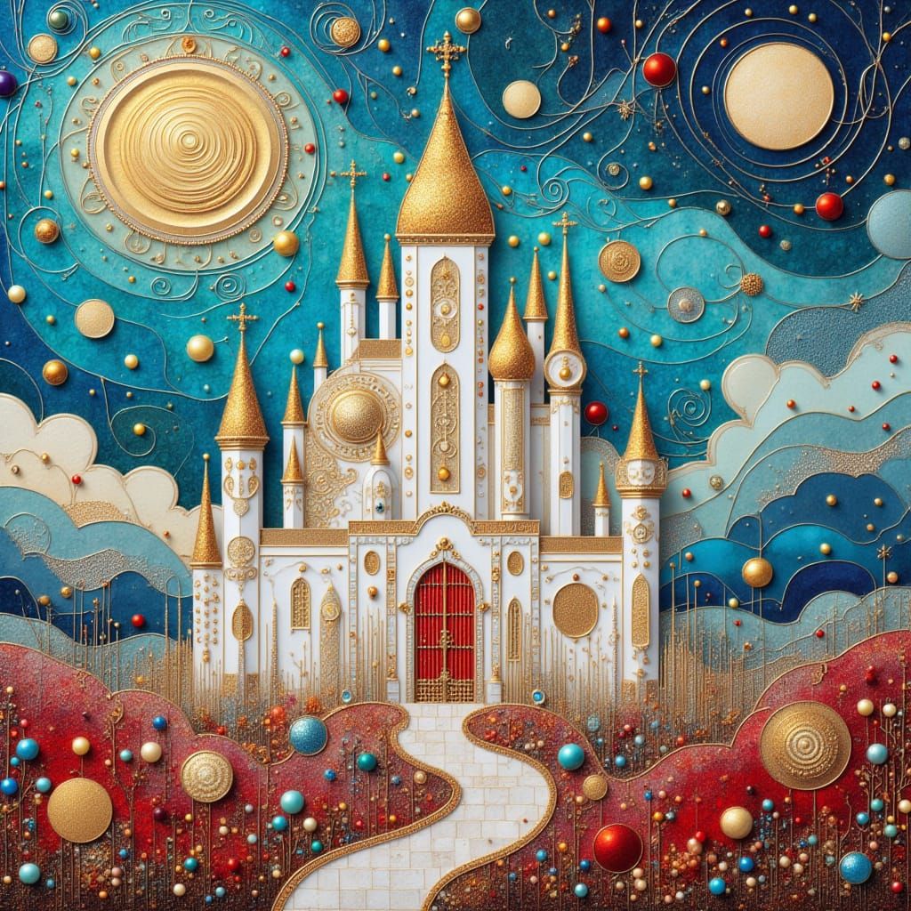 Surreal Fantasy Castle in Vibrant Gold and Crimson