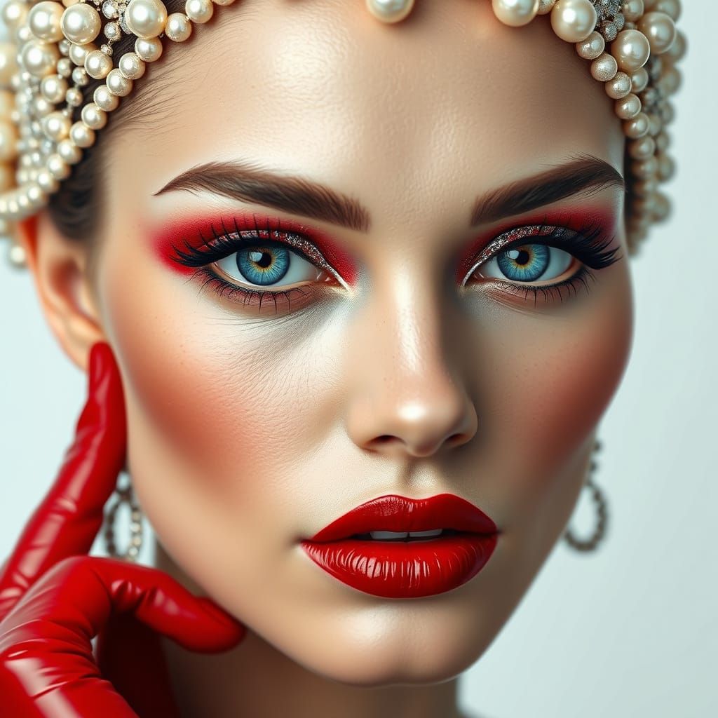 Glamorous Woman in Close-Up, Red and Silver Accents