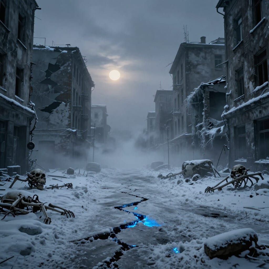 Apocalyptic City Street Under Eternal Winter Frost