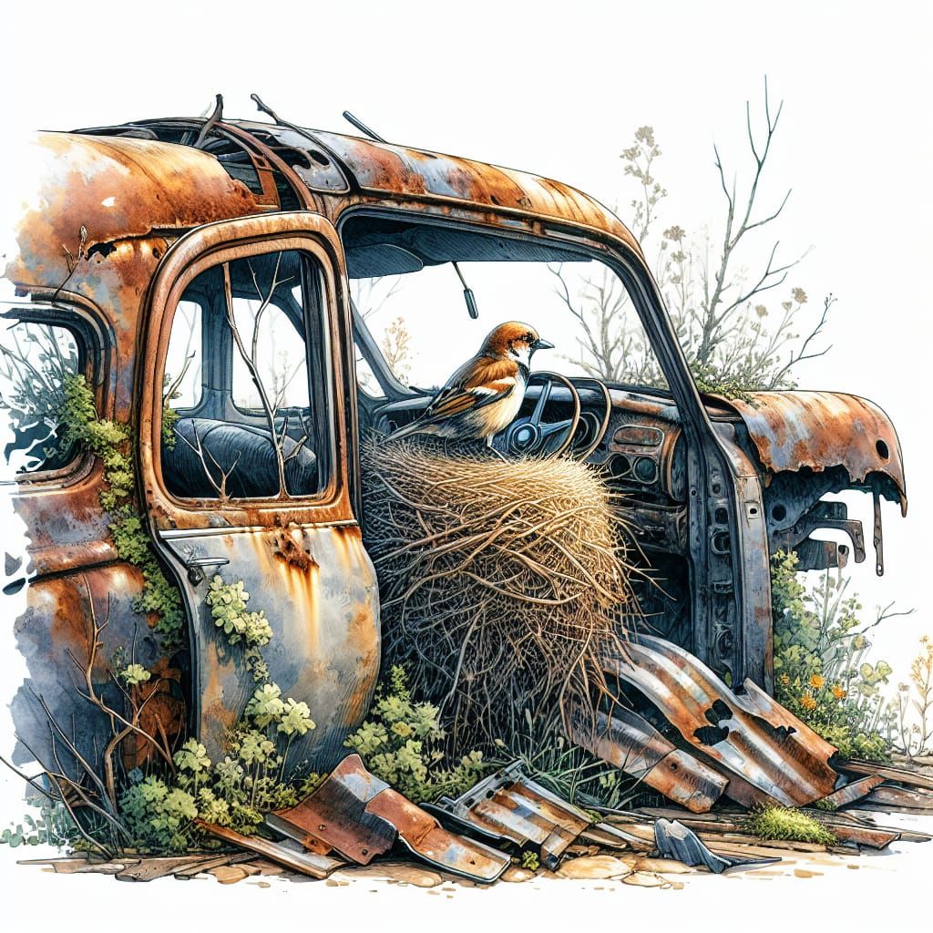 Bird's Nest in Rusted Car: Watercolor Landscape