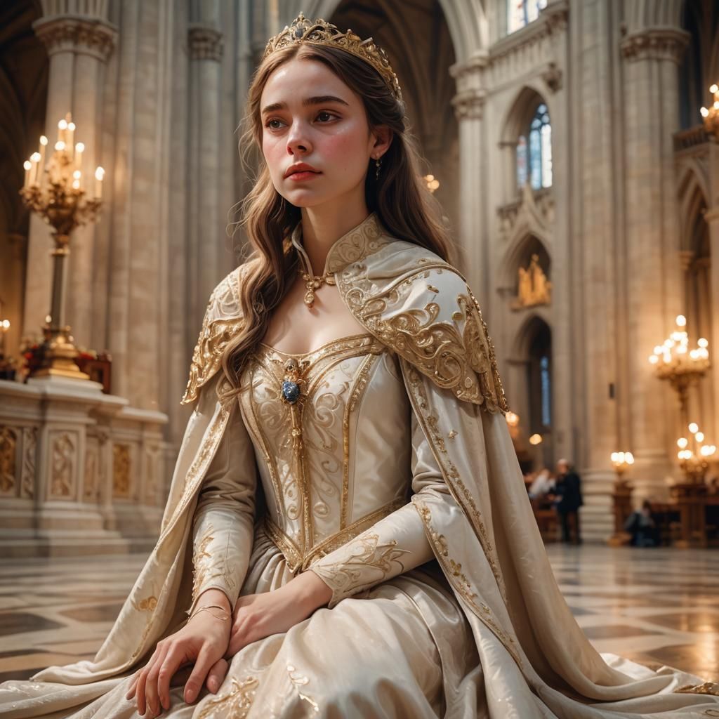 Princess Cries in Cathedral: Soft Brushstrokes, Golden Light