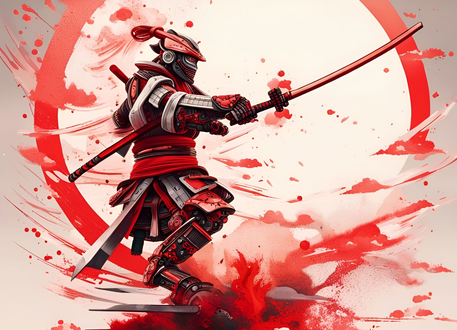 Robot Samurai with Katanas in Abstract Geometric Art