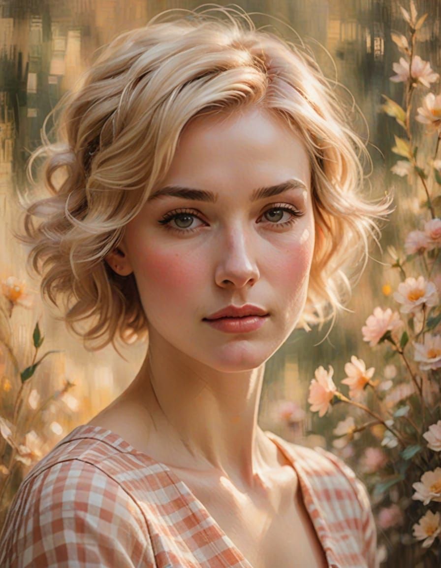 Dreamy Gingham Portrait in Impressionist Style