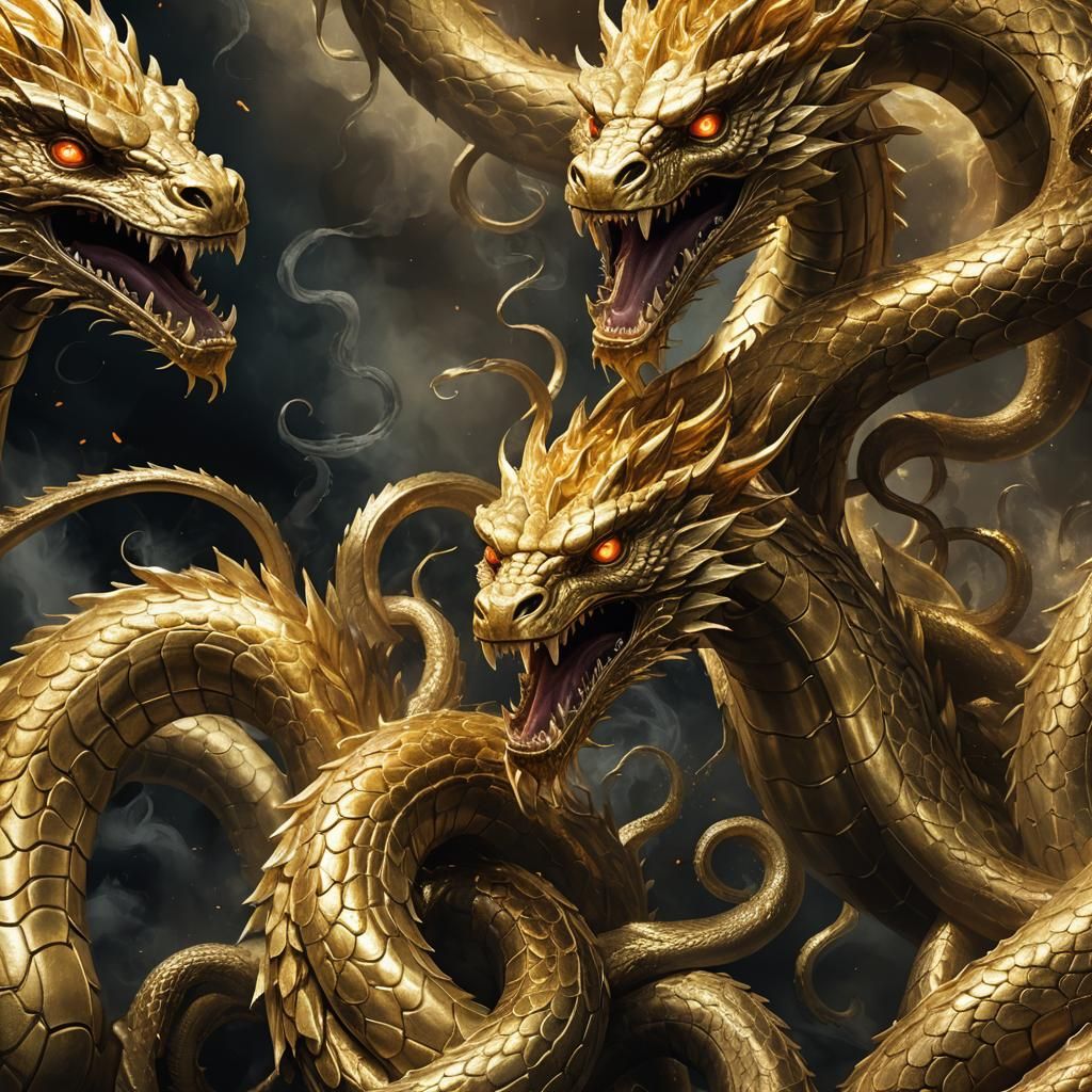 Golden Hydra Emerging from Shadows: Fantasy Art