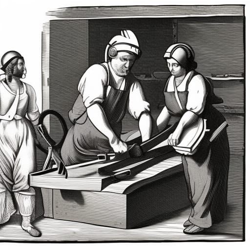 18th Century Laborers Forging Scissors, Linocut Style