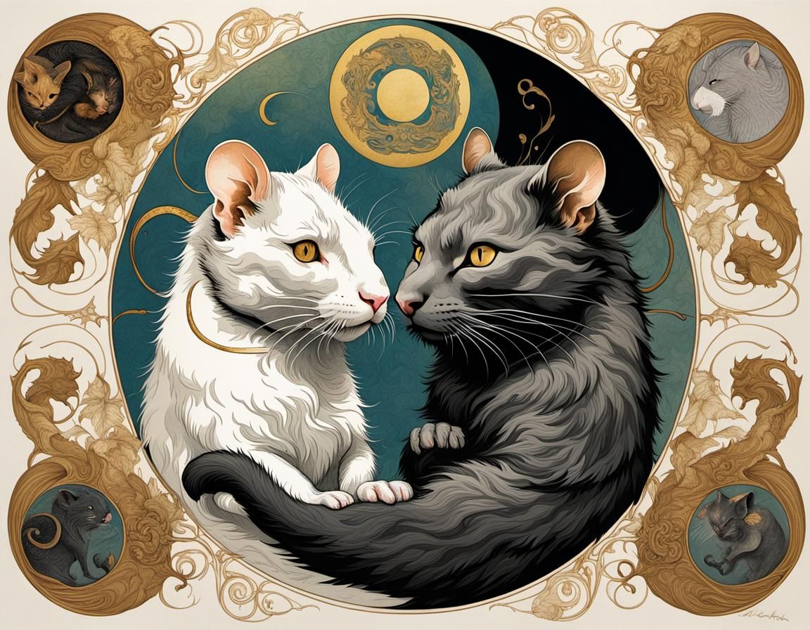 Yin-Yang: Rat and Cat in Art Nouveau Style