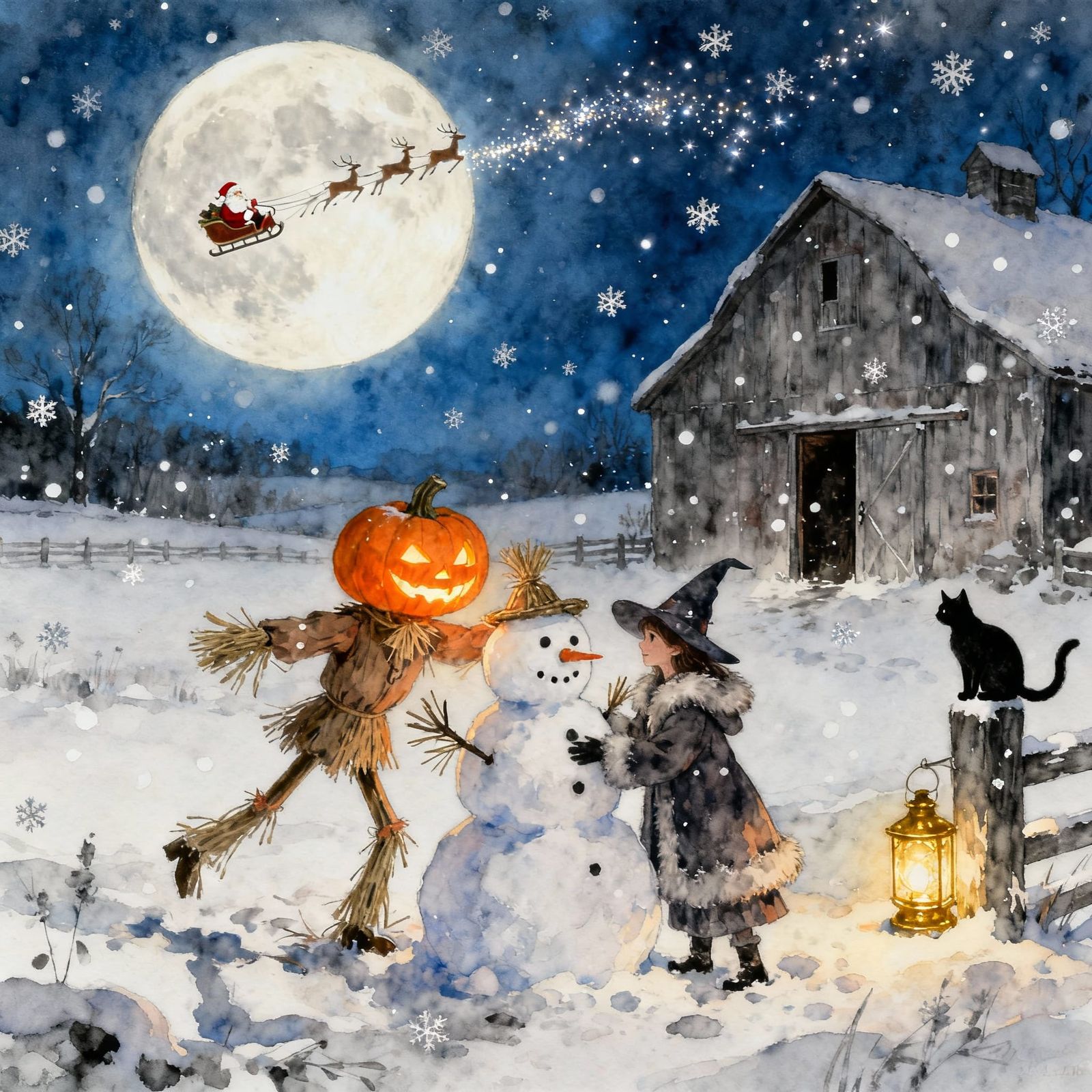 Fairytale Winter Night: Witch and Scarecrow Build Snowman
