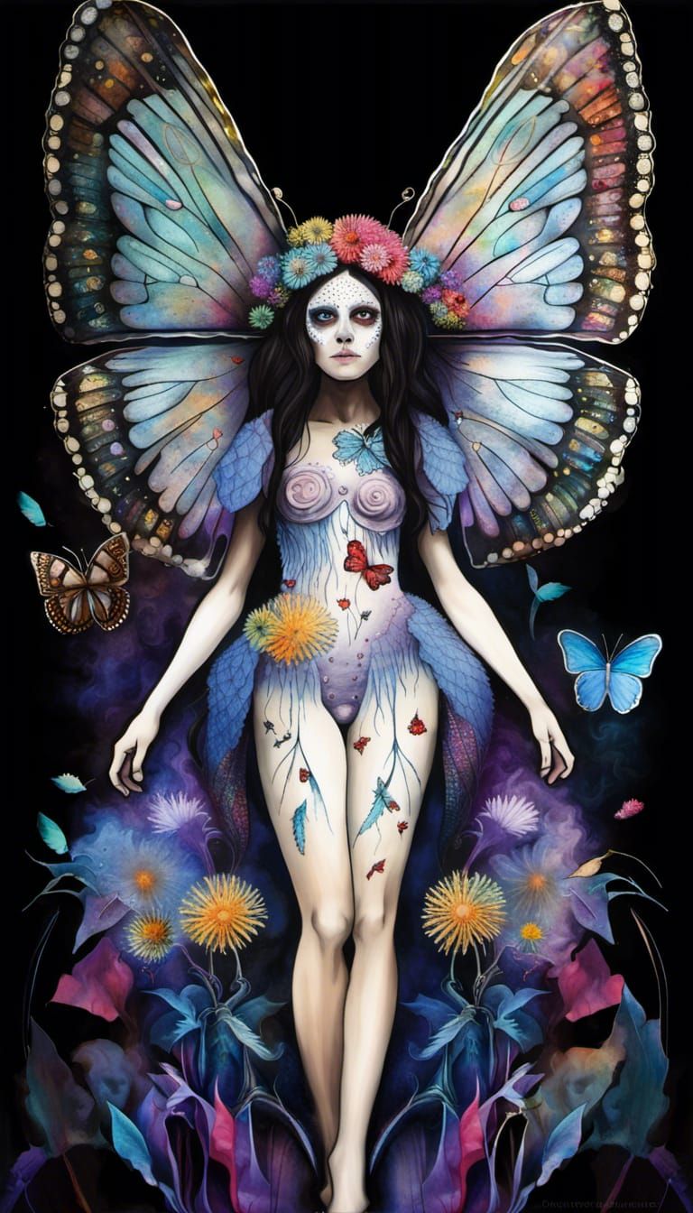 Detailed Fairy with Butterfly Wings and Sugar Skull