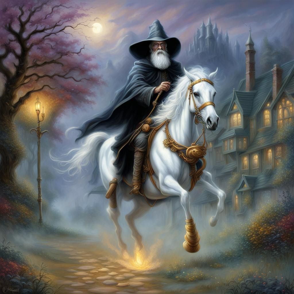 Terry Pratchett riding Binky his white horse