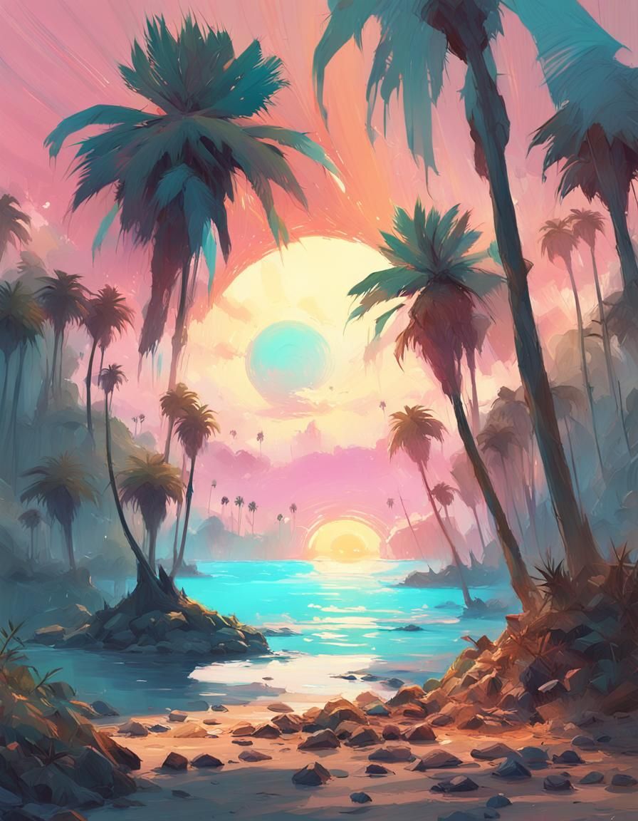 Palm Trees at Sunset: Ismail Inceoglu Style Concept Art