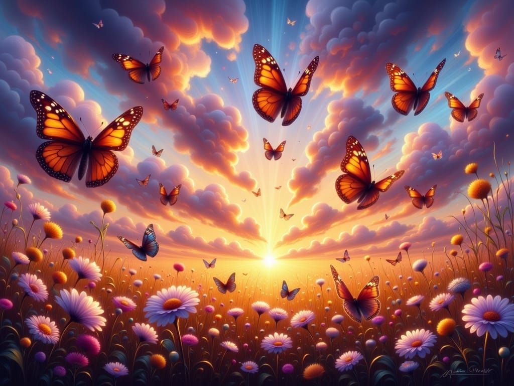 Monarch Butterflies Ascend in Radiant Light