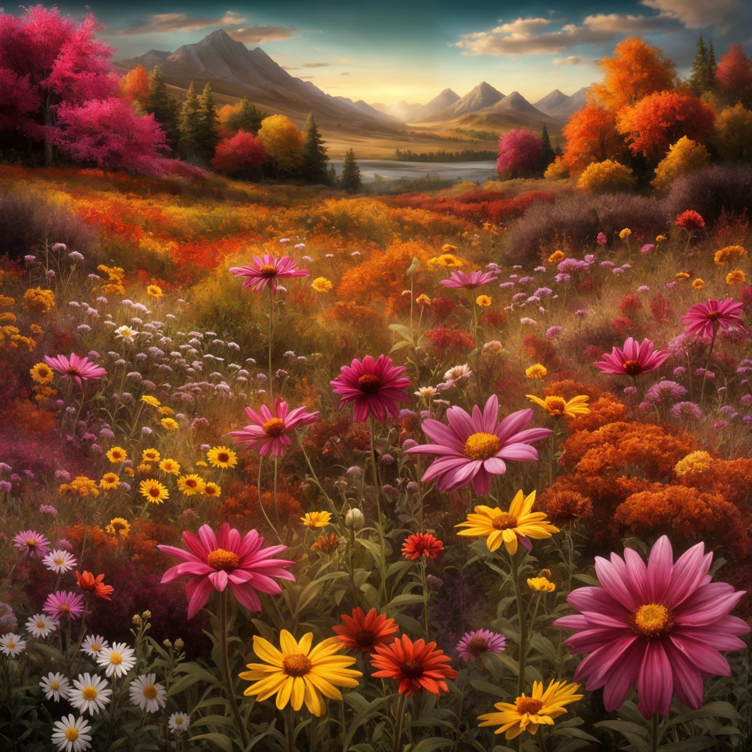 Fall Meadow: Cosmos, Sunflowers, and Autumn Flowers