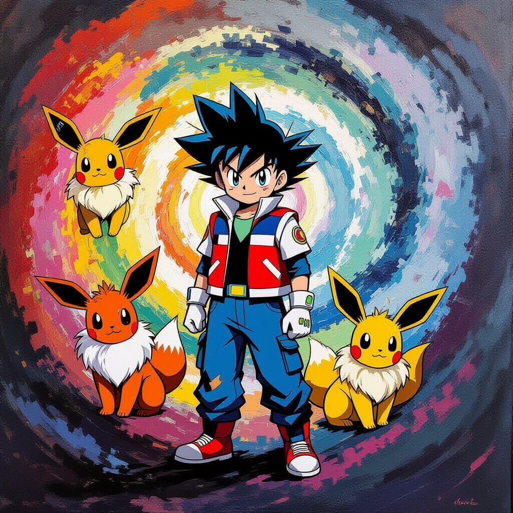 Ash Ketchum Eeveelution Fusion in Abstract Style