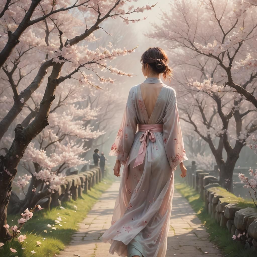 Woman in Cherry Blossoms: Pastel Painting