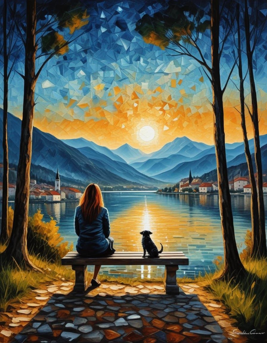 Girl and Dog on Bench in Surreal Slovenian Landscape