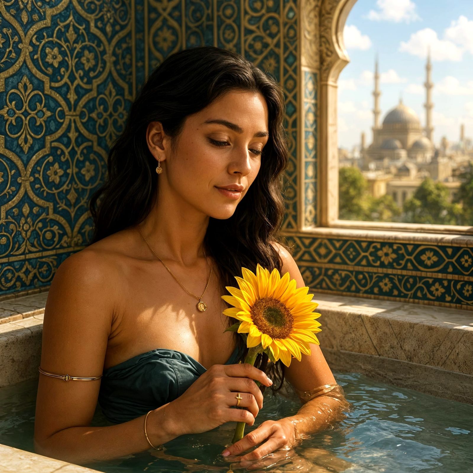 Opulent Bath with Sunflower and Moorish Tiles