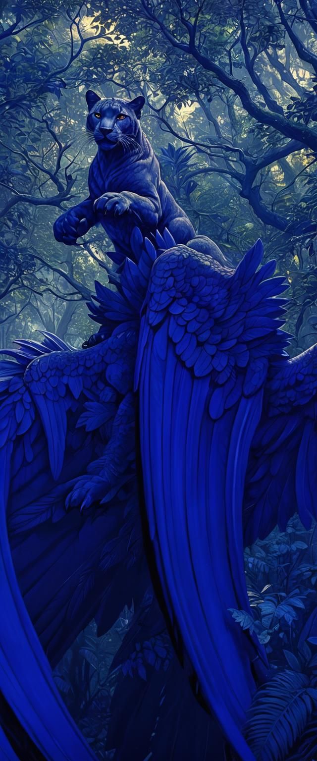 Winged Panther Lands in Misty Forest, Fantasy Illustration
