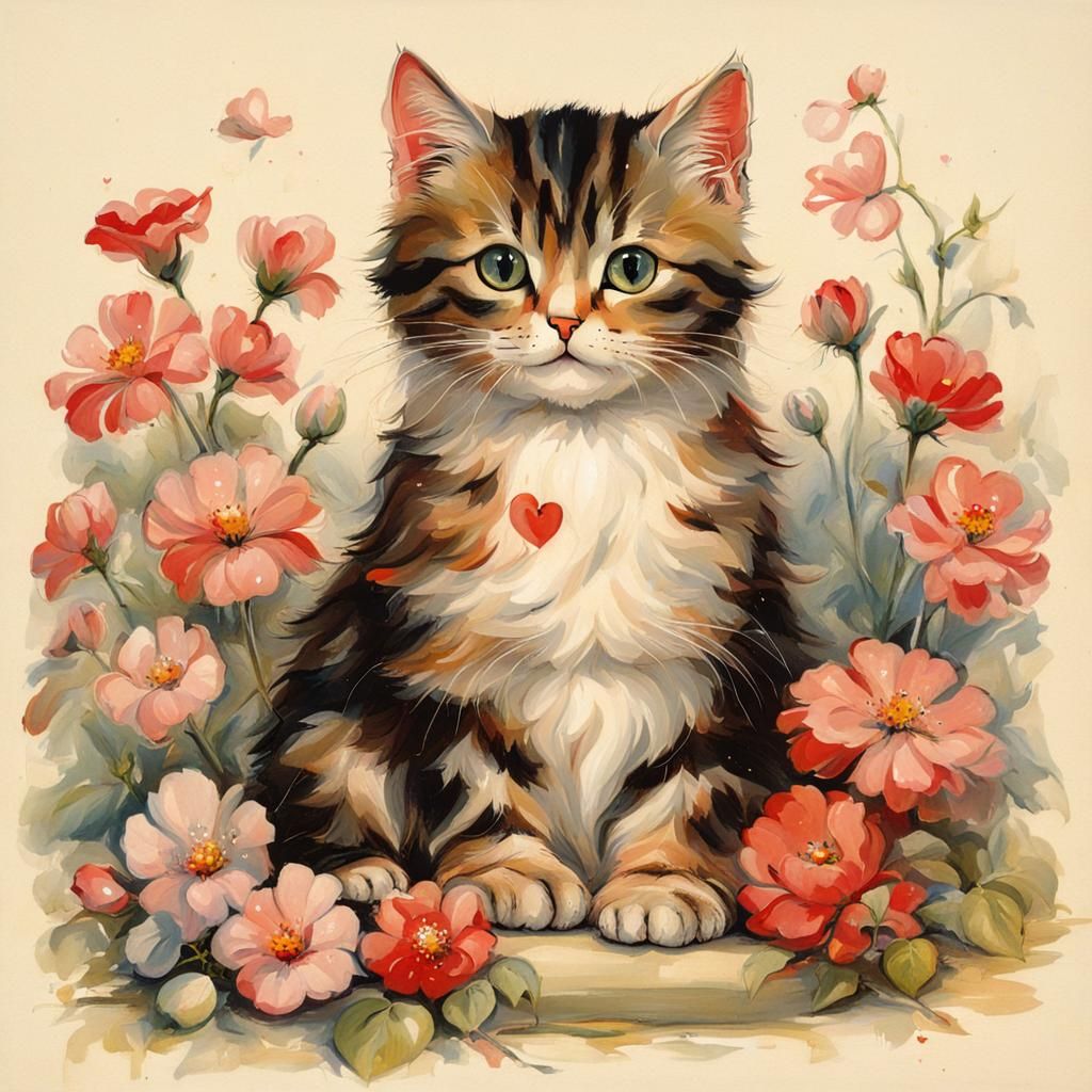 Cat on Pillow with Flowers and Heart Lights
