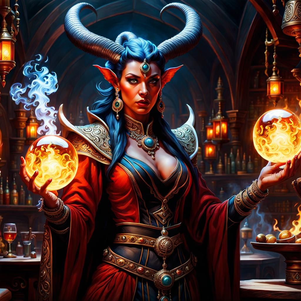 Elegant Tiefling Sorceress with Fuming Vapor Spheres