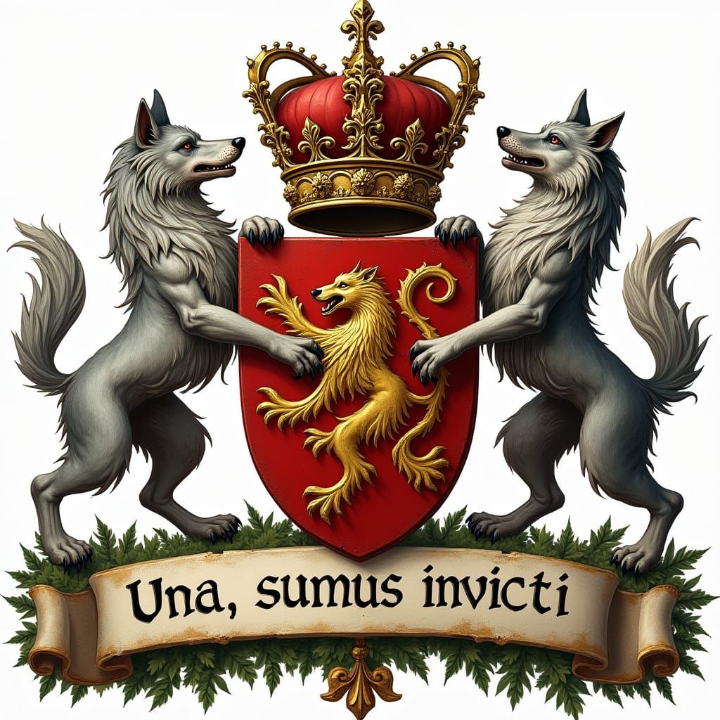 Aragón Family Crest with Two Wolves and Medieval Heraldic St...