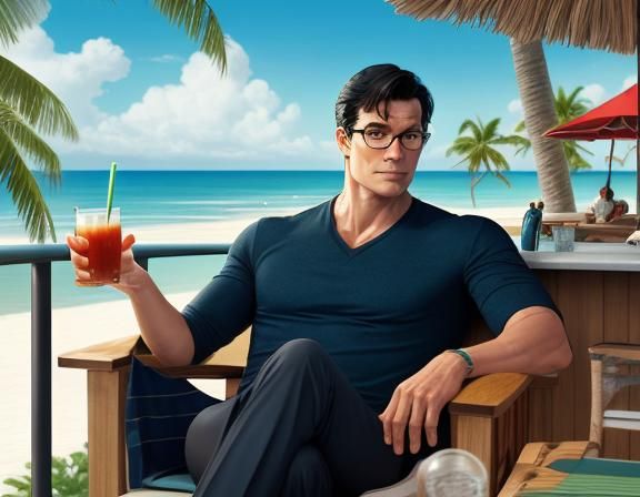 Clark Kent on vacation at a lush luxury resort on the beach ...