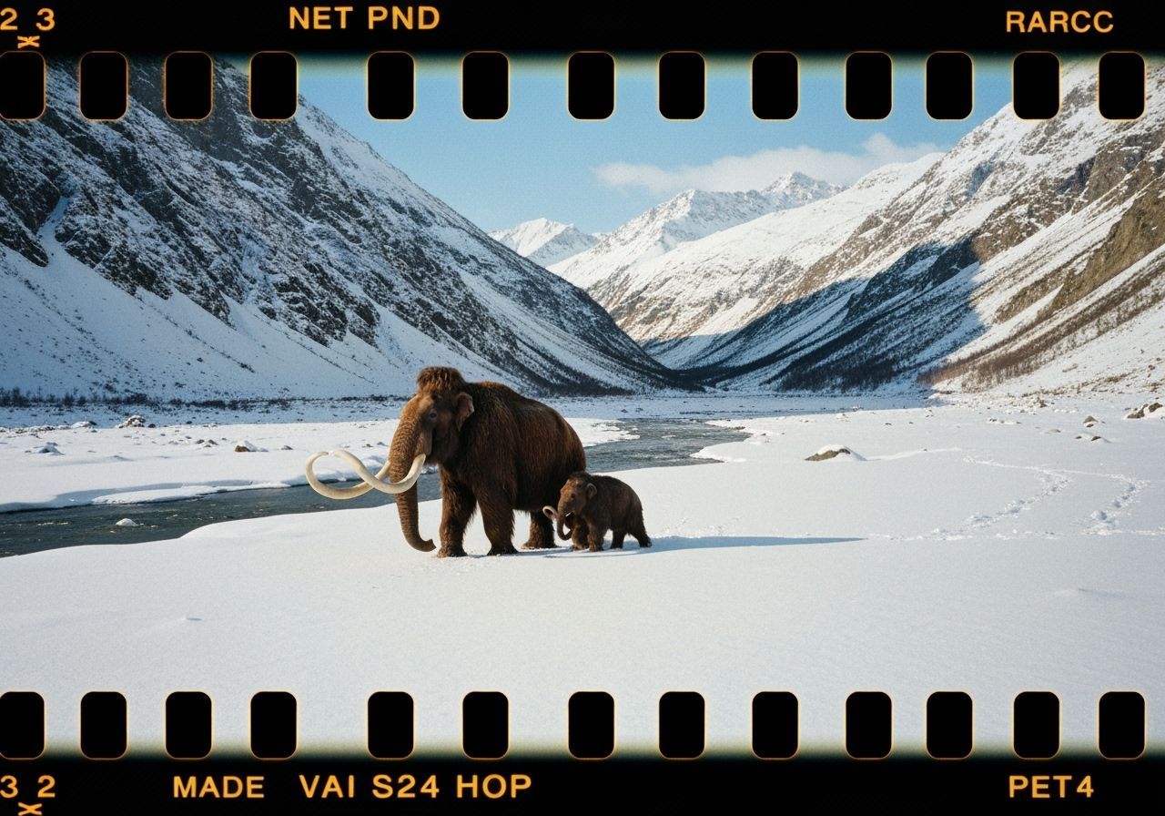 Woolly Mammoth Family Trekking Through Snowy Valley
