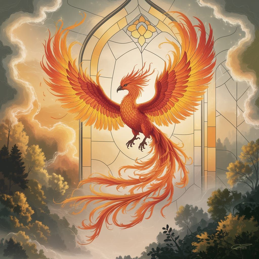 Phoenix Soaring in Stained Glass Style