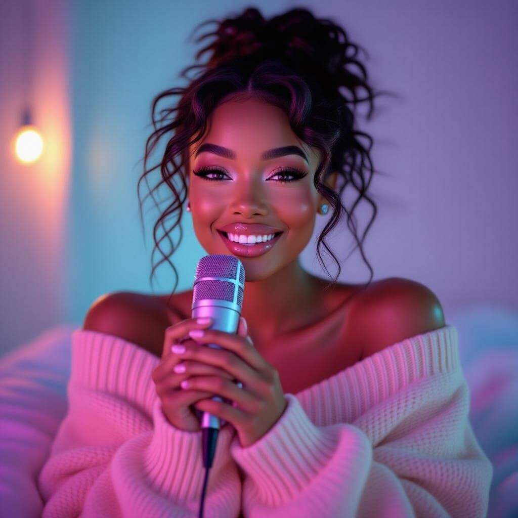 Influencer Whispering into Mic with Soft Blanket, Pastel Neo...