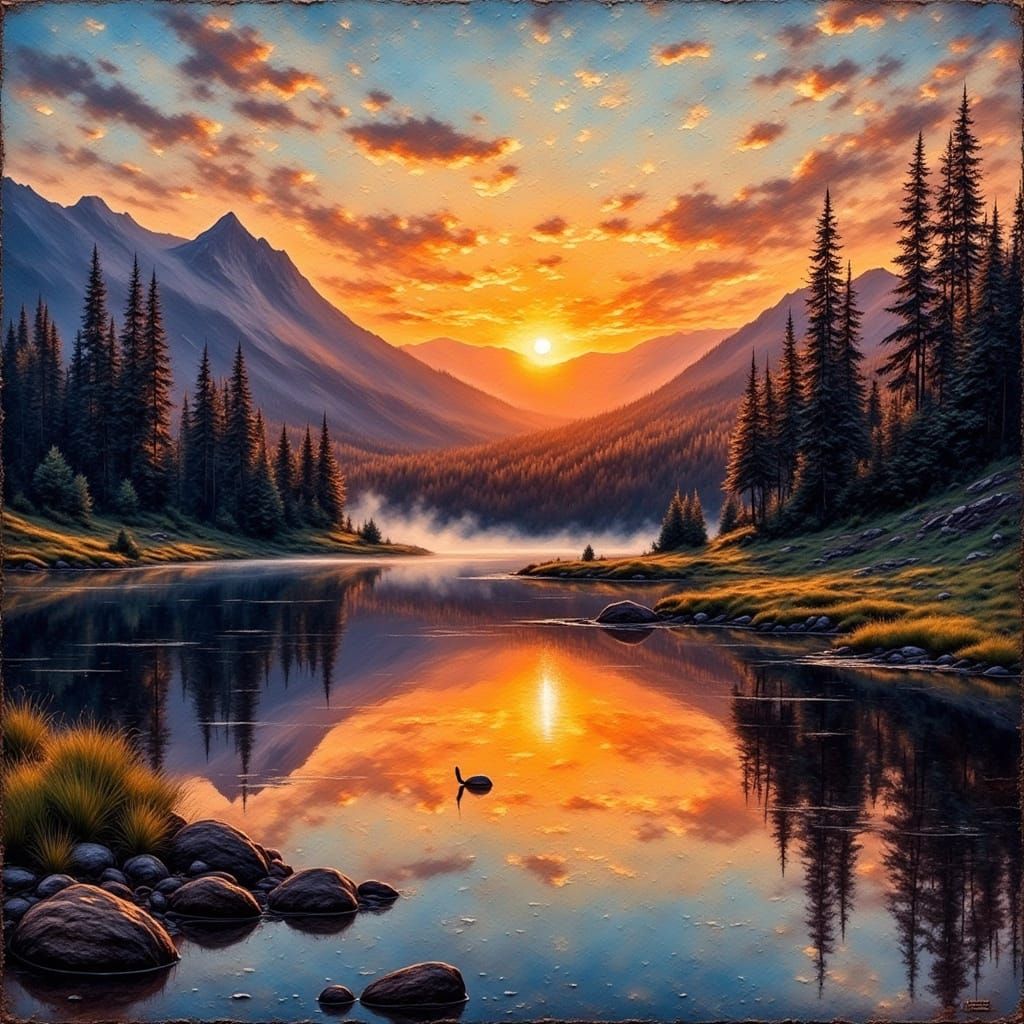 Mountain Sunset Oil Painting with Impasto Textures