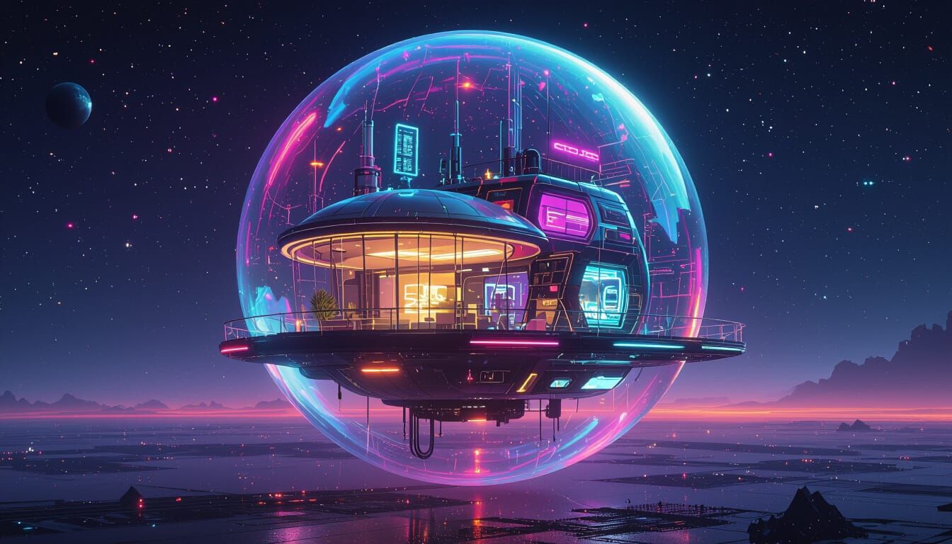 Cyberpunk Home Inside a Soap Bubble in Space
