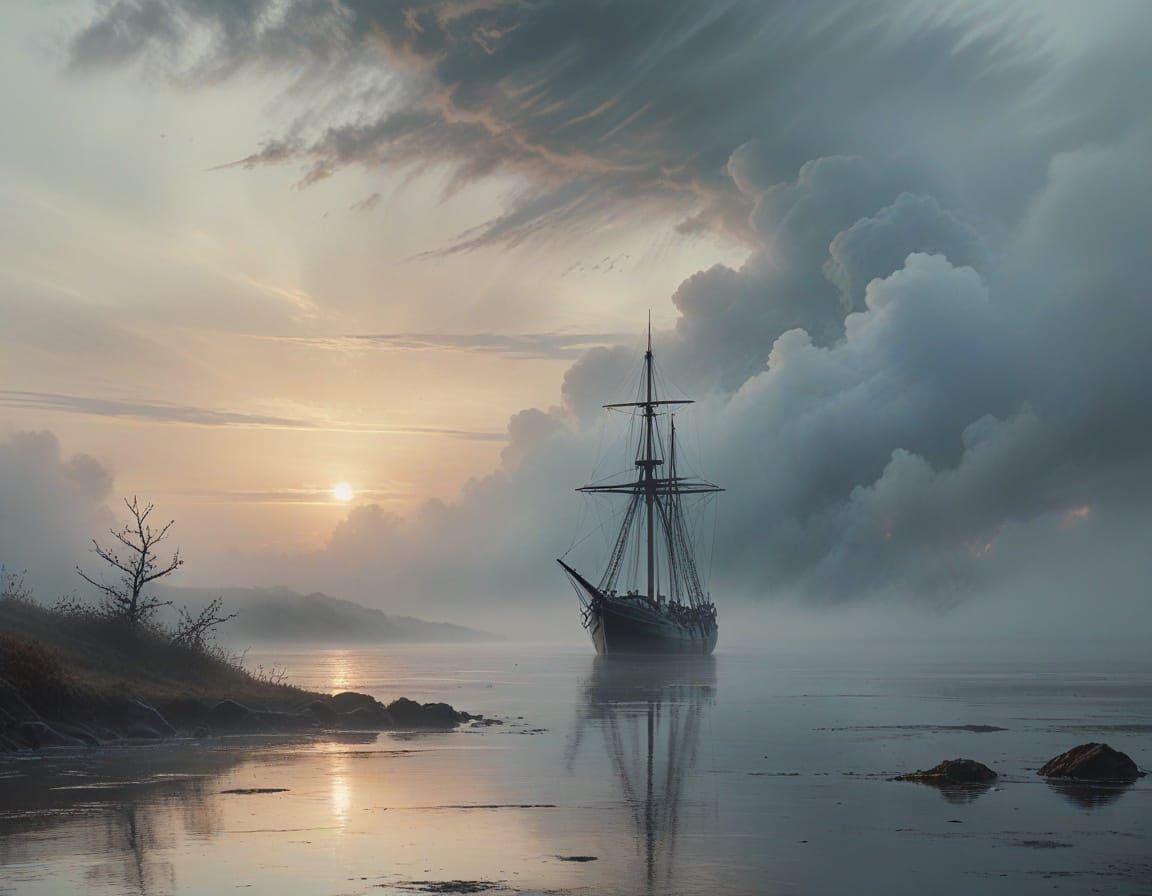 Ethereal Watercolor Seascape with Fading Ship