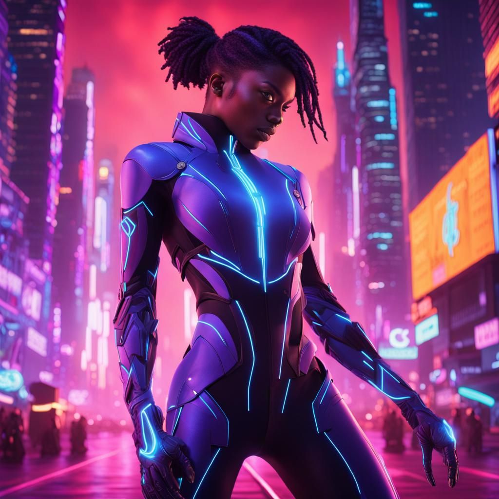 Confident Character in Neon City: Cyberpunk Aesthetic