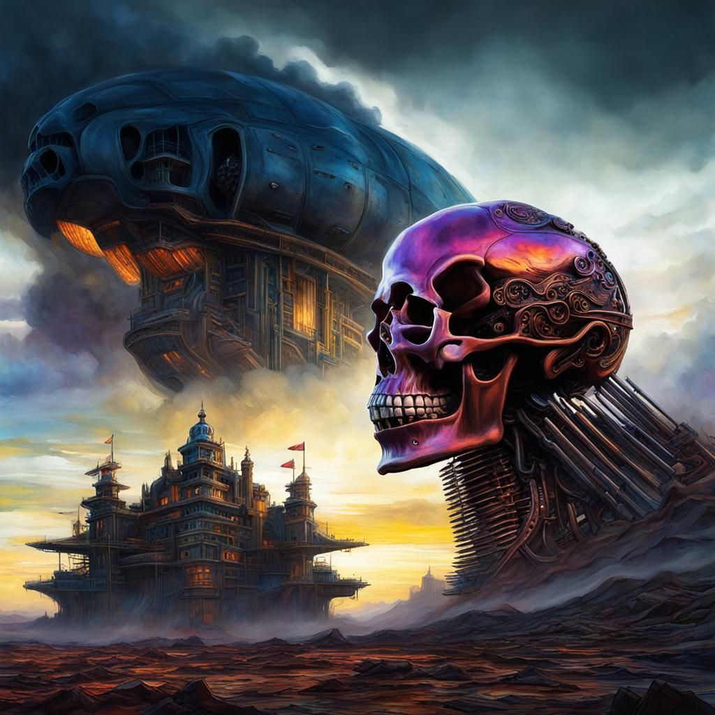 Skull and Machine God: A Steampunk 3D Rendering